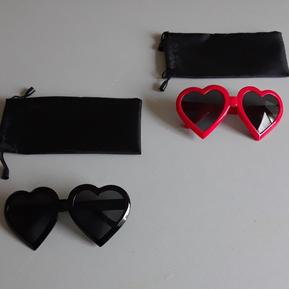 Heart-Shaped Sunglasses, Set of Two, Red with black, Black with black, NWOT